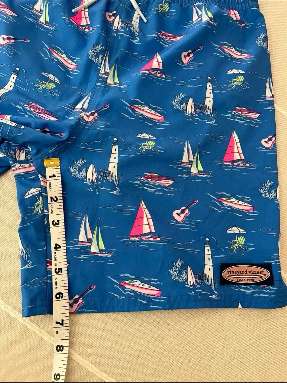Vineyard Vines Swim Trunks Blue Coastal Nautical Print Boys - XL